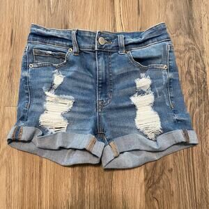 Aero High Rise Midi Shorts Women’s Sz 2 Denim Distressed Cuff Stretch Pockets